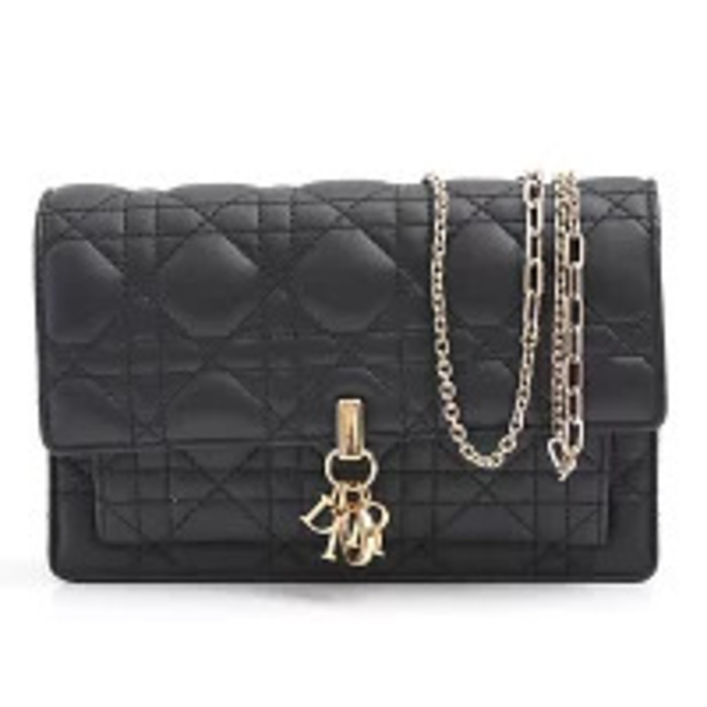 Christian Dior Cannage Chain Wallet Calfskin Black